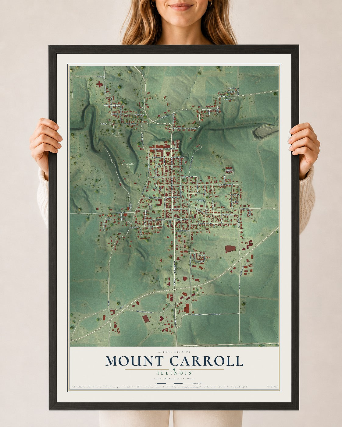 Map of Mount Carroll, Illinois, 24 x 36 inch print in a black wood frame