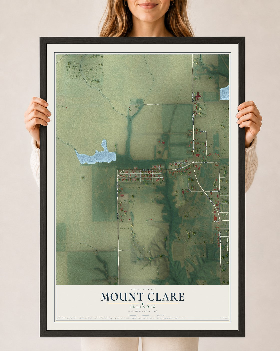 Map of Mount Clare, Illinois, 24 x 36 inch print in a black wood frame