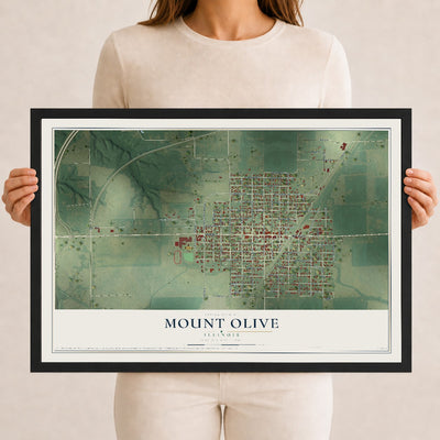 Map of Mount Olive, Illinois, 12 x 18 inch print in a black wood frame