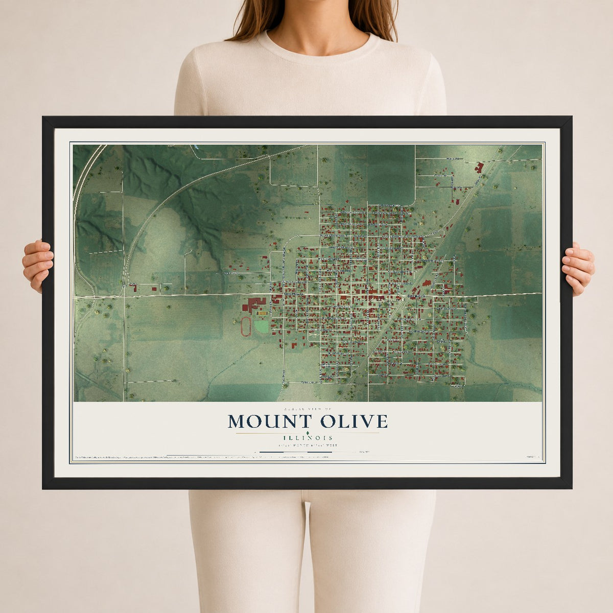 Map of Mount Olive, Illinois, 24 x 36 inch print in a black wood frame