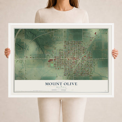 Map of Mount Olive, Illinois, 24 x 36 inch print in a white wood frame