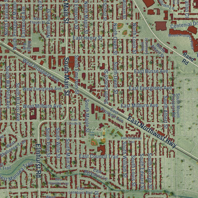 Close-up of the map of Mount Prospect, Illinois print showing street and building detail
