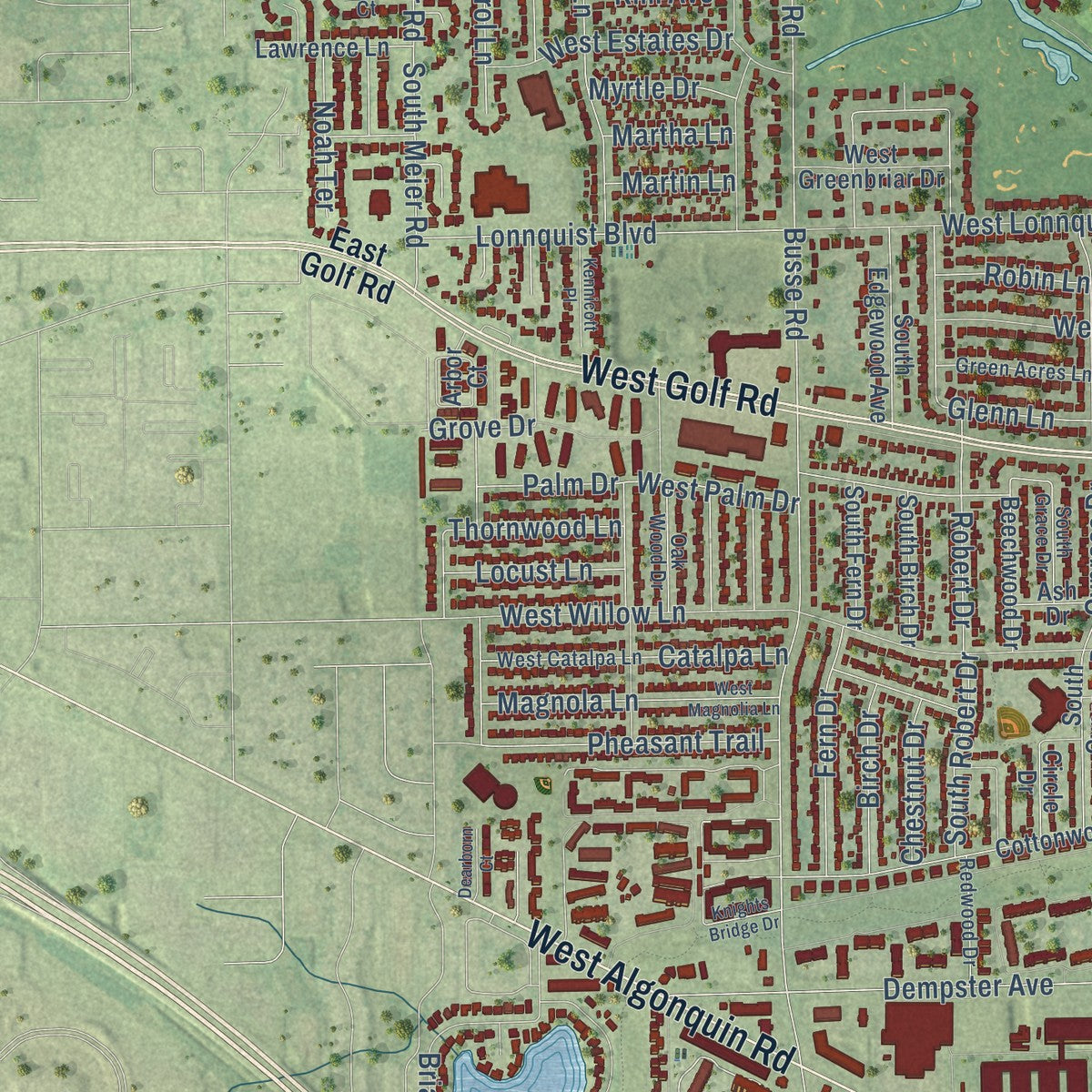 Second close-up of the map of Mount Prospect, Illinois print showing more streets and buildings
