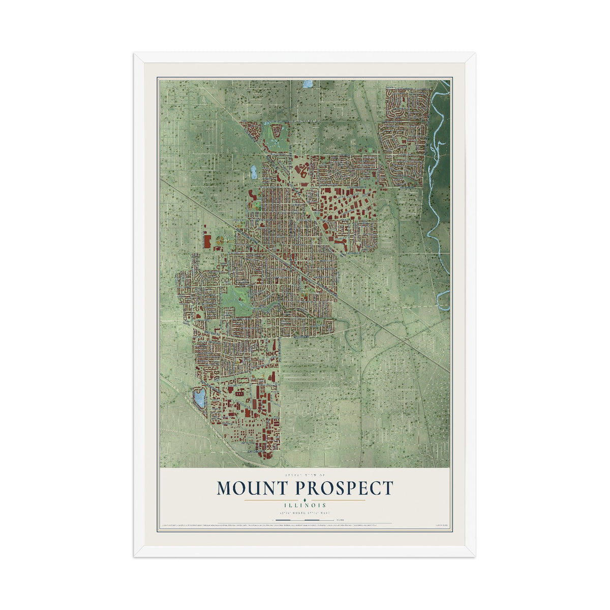 Map of Mount Prospect, Illinois, 12 x 18 inch print in a white wood frame