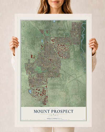 Map of Mount Prospect, Illinois, 24 x 36 inch print in a white wood frame