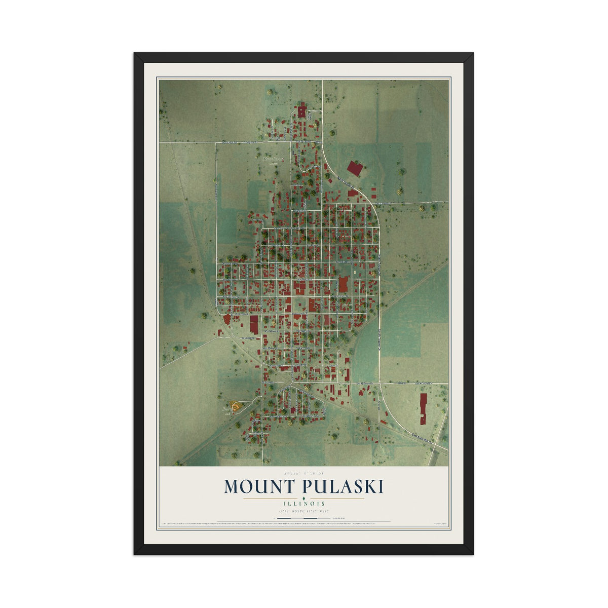 Map of Mount Pulaski, Illinois, 12 x 18 inch print in a black wood frame