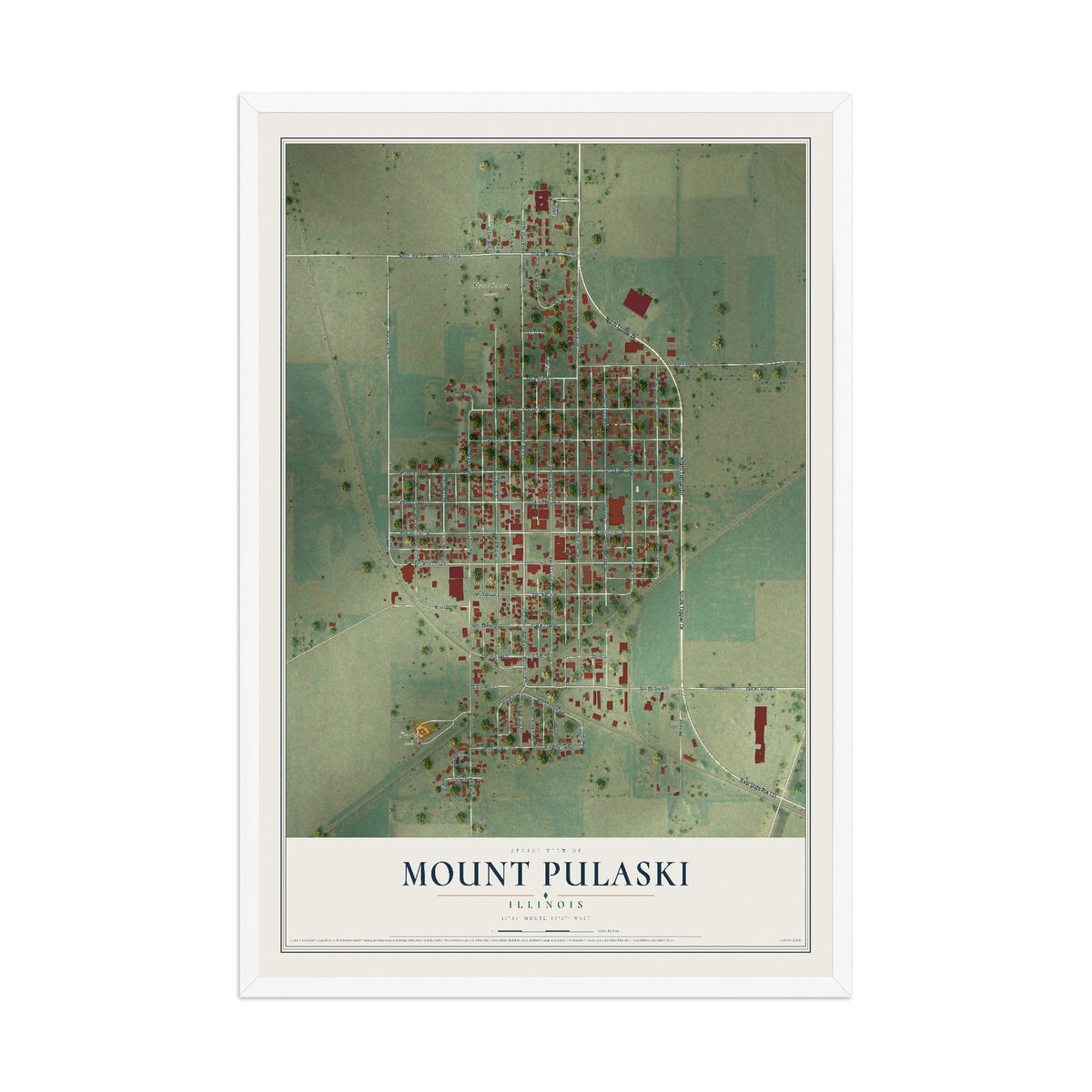 Map of Mount Pulaski, Illinois, 12 x 18 inch print in a white wood frame