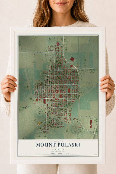 Map of Mount Pulaski, Illinois, 18 x 24 inch print in a white wood frame