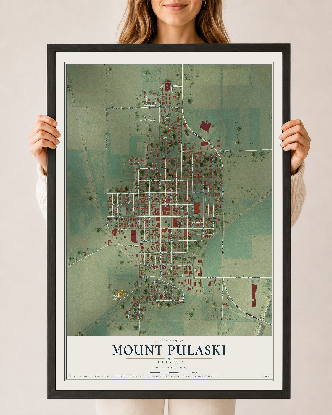 Map of Mount Pulaski, Illinois, 24 x 36 inch print in a black wood frame