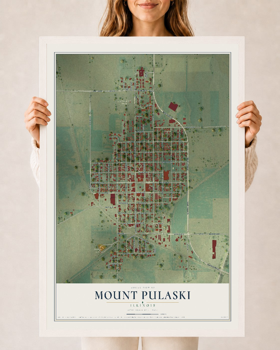 Map of Mount Pulaski, Illinois, 24 x 36 inch print in a white wood frame