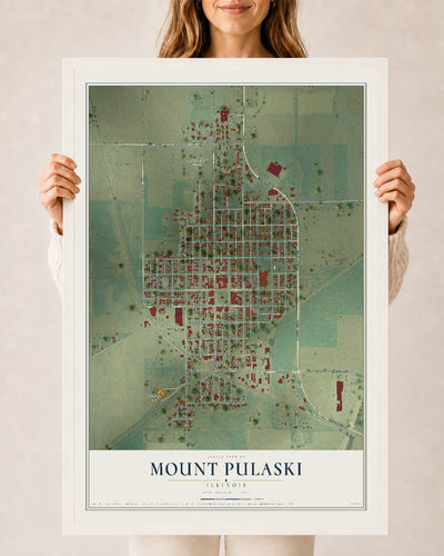 Map of Mount Pulaski, Illinois, 24 x 36 inch print in a white wood frame