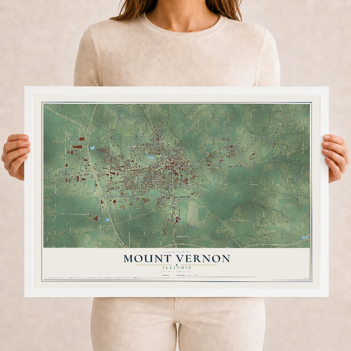 Map of Mount Vernon, Illinois, 12 x 18 inch print in a white wood frame