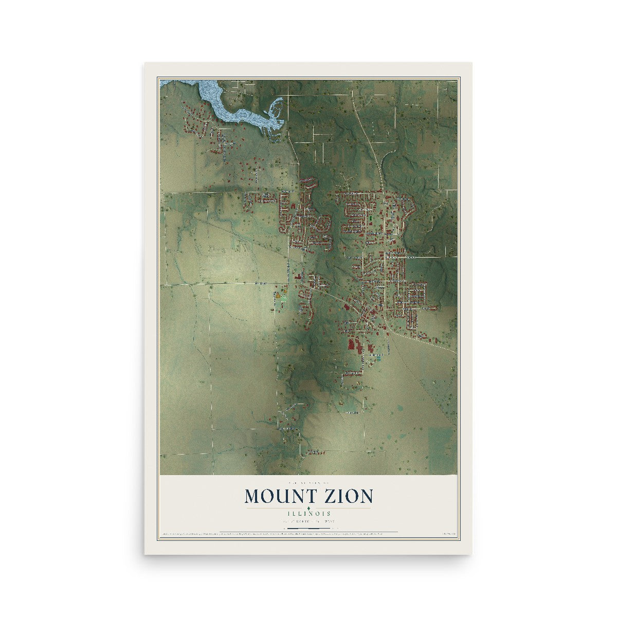Map of Mount Zion, Illinois, 12 x 18 inch unframed archival matte print