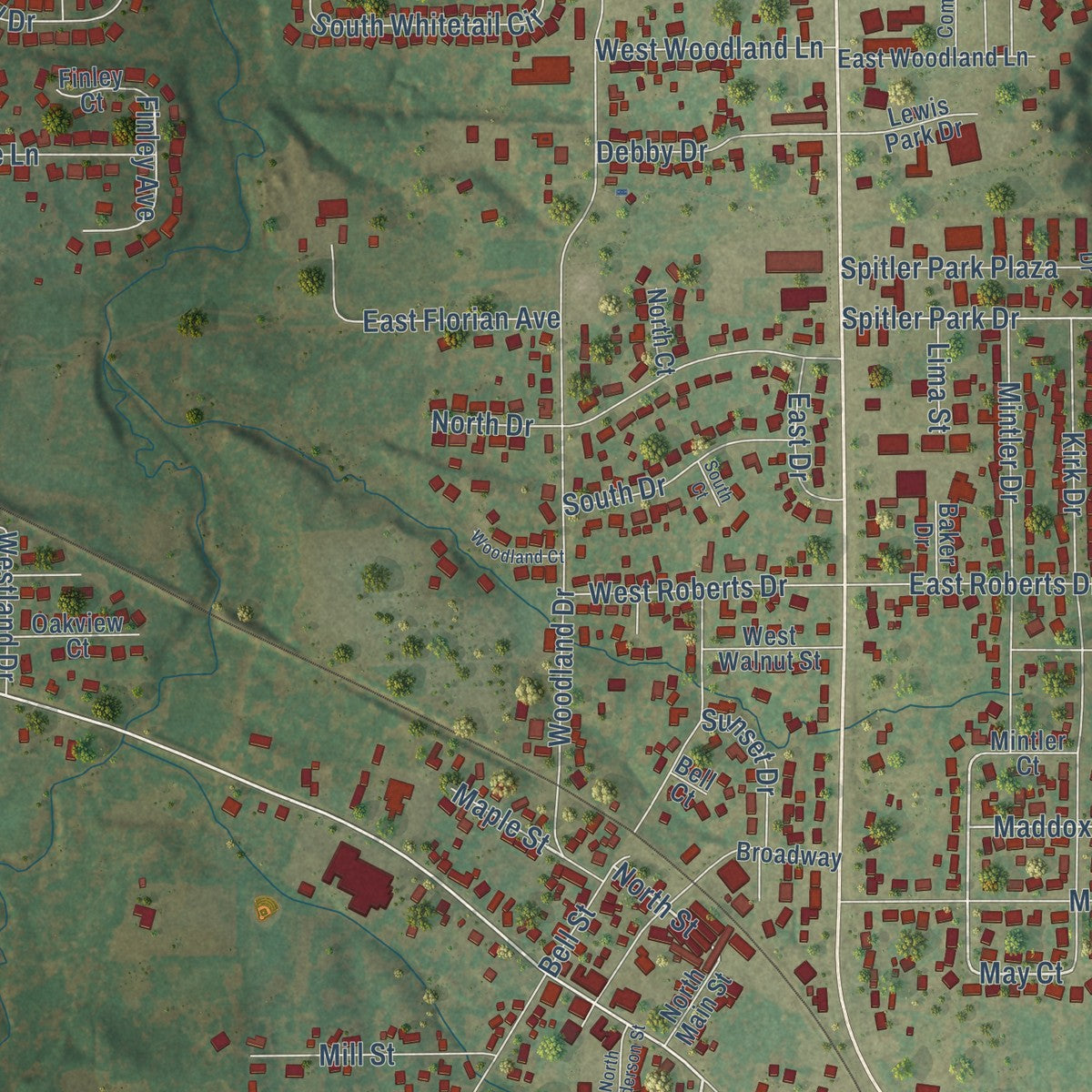 Close-up of the map of Mount Zion, Illinois print showing street and building detail