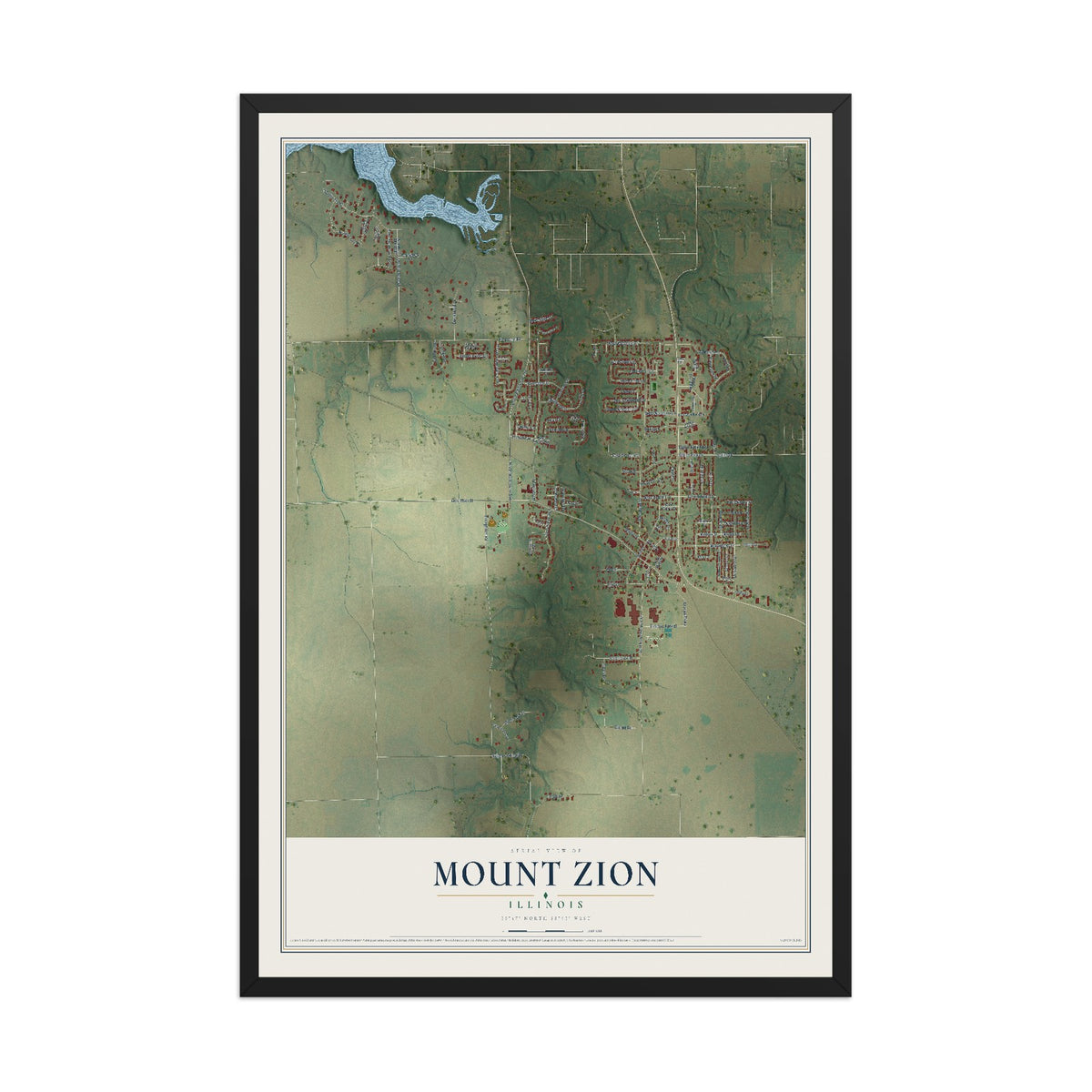Map of Mount Zion, Illinois, 12 x 18 inch print in a black wood frame