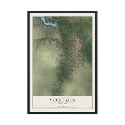 Map of Mount Zion, Illinois, 12 x 18 inch print in a black wood frame