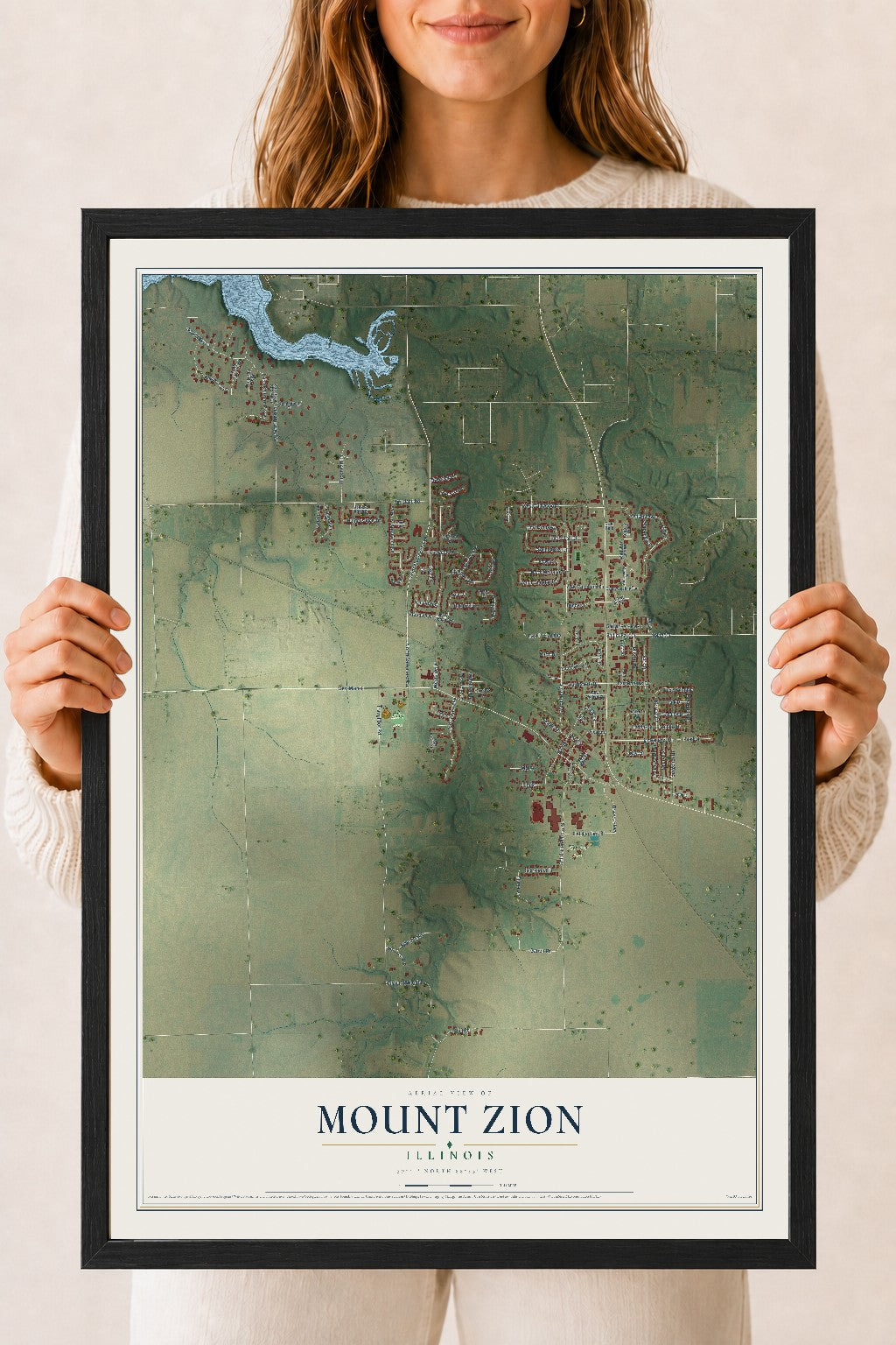 Map of Mount Zion, Illinois, 18 x 24 inch print in a black wood frame