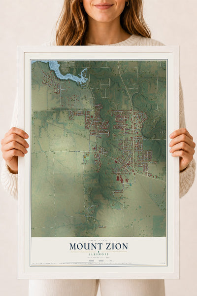 Map of Mount Zion, Illinois, 18 x 24 inch print in a white wood frame
