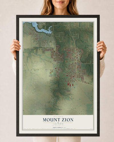 Map of Mount Zion, Illinois, 24 x 36 inch print in a black wood frame
