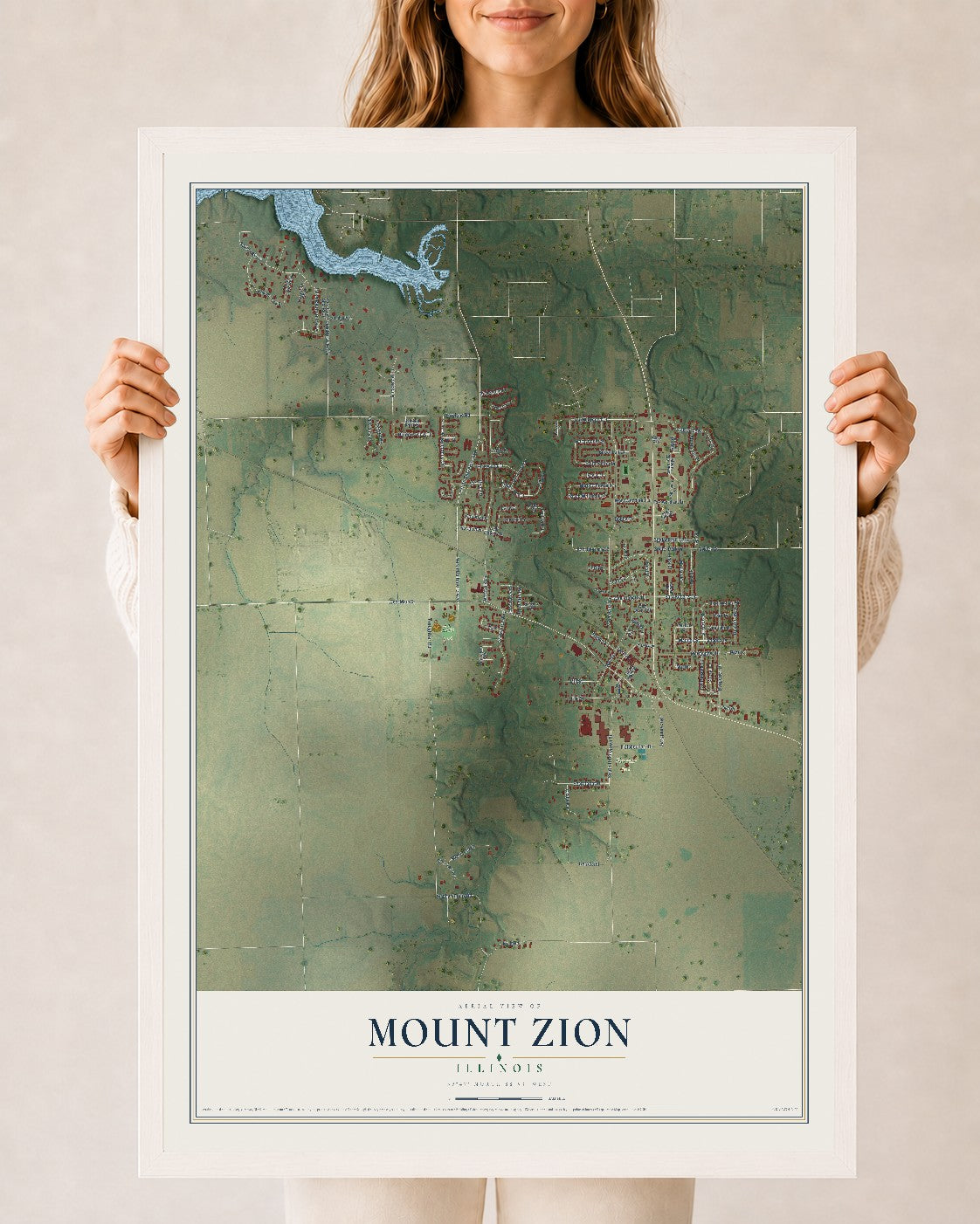 Map of Mount Zion, Illinois, 24 x 36 inch print in a white wood frame