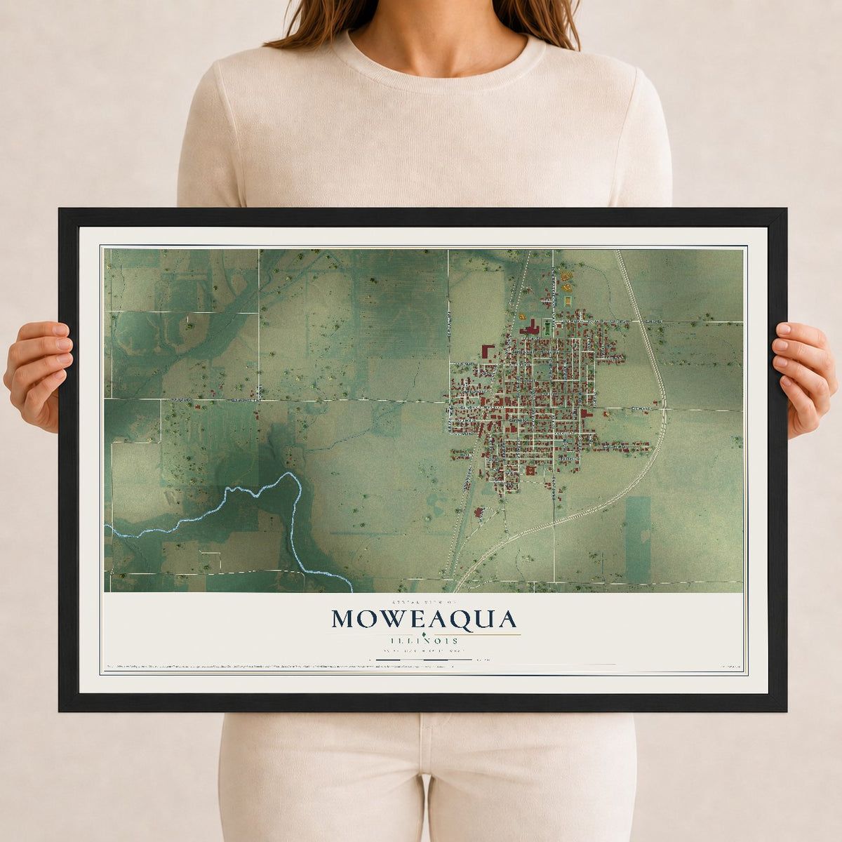 Map of Moweaqua, Illinois, 12 x 18 inch print in a black wood frame