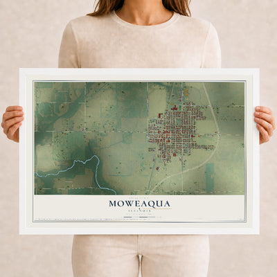 Map of Moweaqua, Illinois, 12 x 18 inch print in a white wood frame