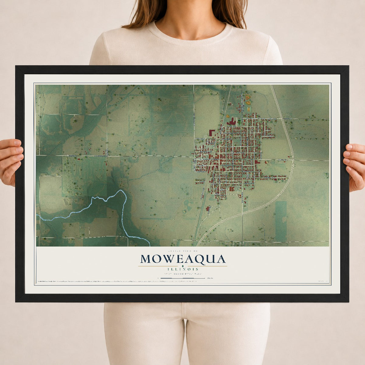 Map of Moweaqua, Illinois, 18 x 24 inch print in a black wood frame
