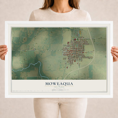 Map of Moweaqua, Illinois, 18 x 24 inch print in a white wood frame