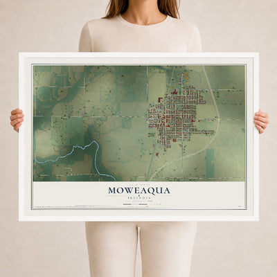 Map of Moweaqua, Illinois, 24 x 36 inch print in a white wood frame