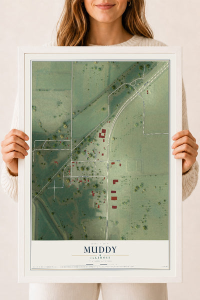 Map of Muddy, Illinois, 18 x 24 inch print in a white wood frame