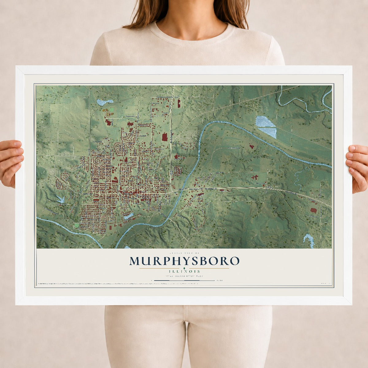 Map of Murphysboro, Illinois, 18 x 24 inch print in a white wood frame