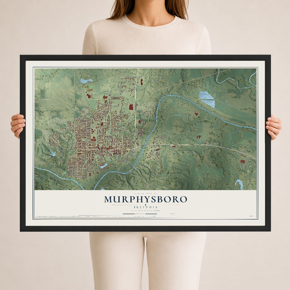 Map of Murphysboro, Illinois, 24 x 36 inch print in a black wood frame