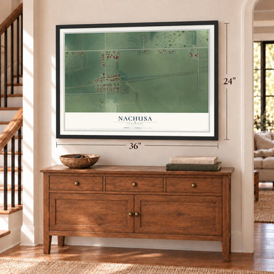 Nachusa, Illinois map, 24 x 36 inch print in a black frame above a dresser by a staircase