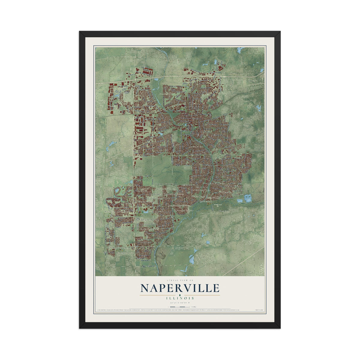 Map of Naperville, Illinois, 12 x 18 inch print in a black wood frame