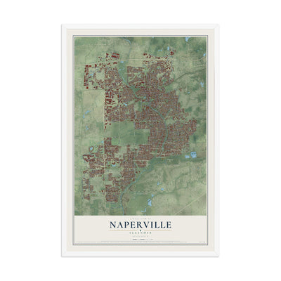 Map of Naperville, Illinois, 12 x 18 inch print in a white wood frame