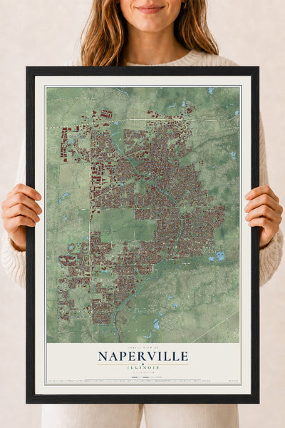 Map of Naperville, Illinois, 18 x 24 inch print in a black wood frame
