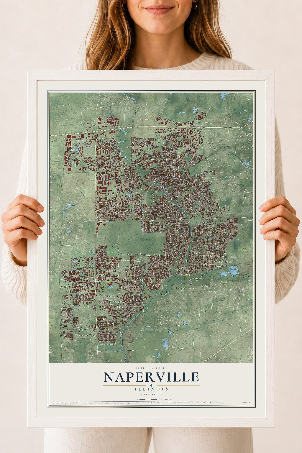 Map of Naperville, Illinois, 18 x 24 inch print in a white wood frame