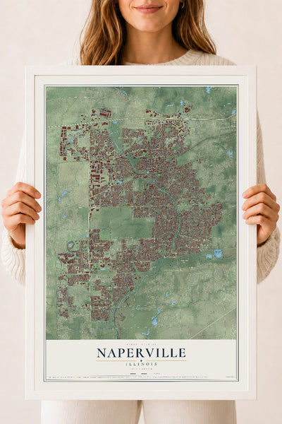 Map of Naperville, Illinois, 18 x 24 inch print in a white wood frame