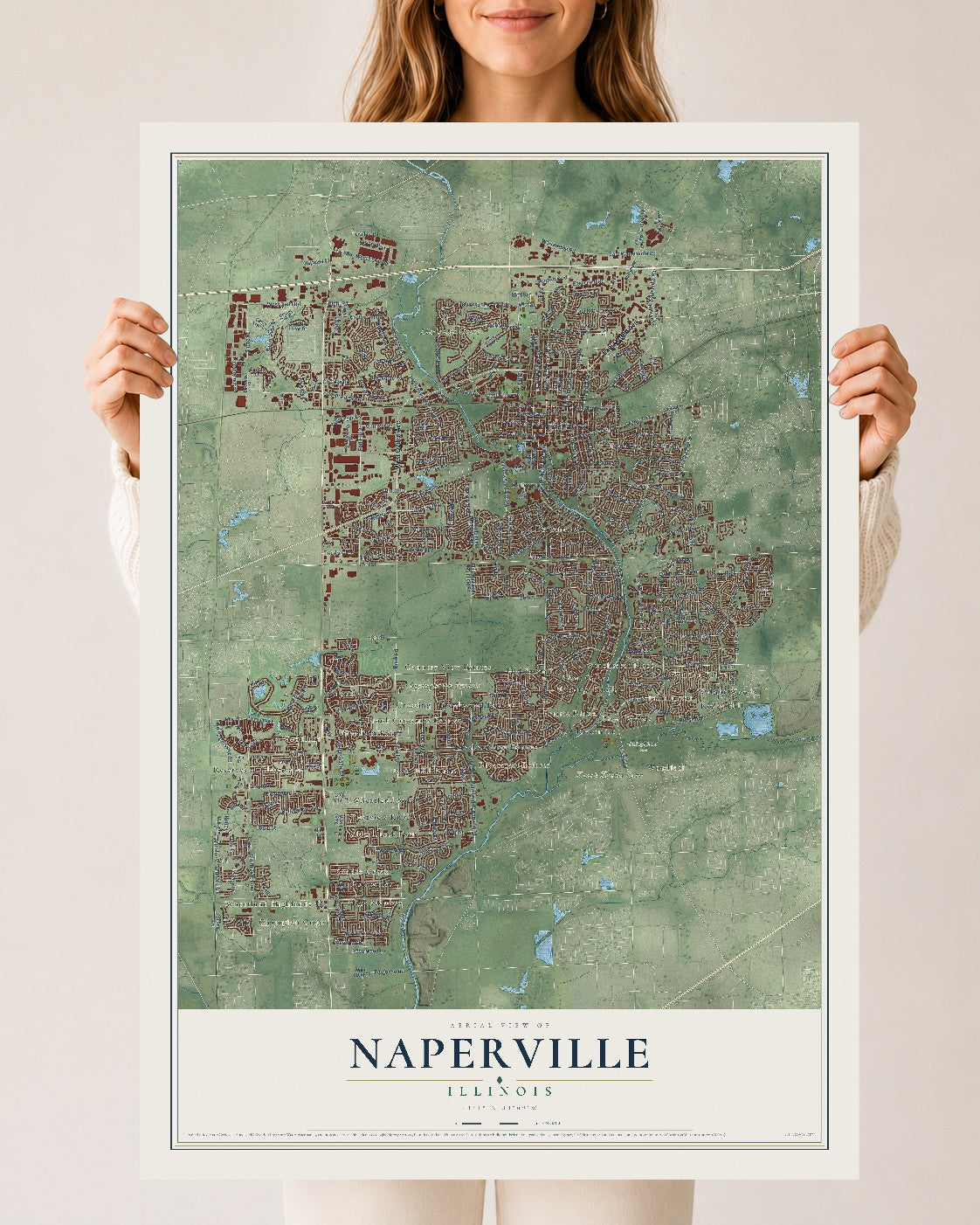 Map of Naperville, Illinois, 24 x 36 inch unframed archival matte print