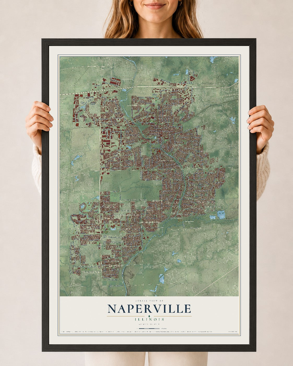 Map of Naperville, Illinois, 24 x 36 inch print in a black wood frame