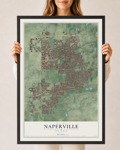 Map of Naperville, Illinois, 24 x 36 inch print in a black wood frame