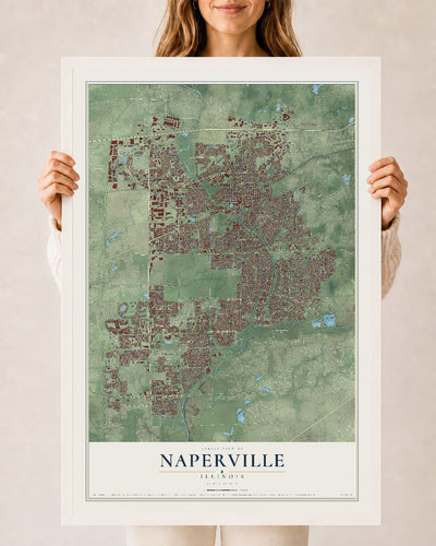 Map of Naperville, Illinois, 24 x 36 inch print in a white wood frame