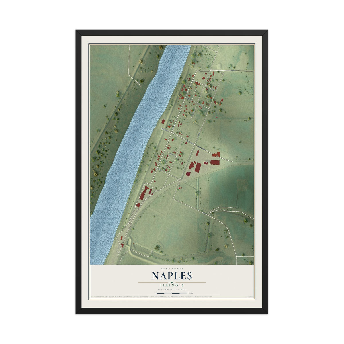 Map of Naples, Illinois, 12 x 18 inch print in a black wood frame