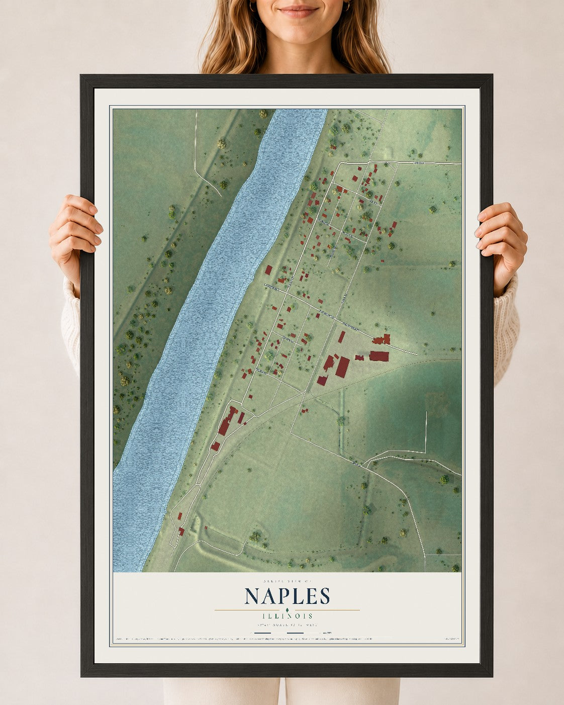 Map of Naples, Illinois, 24 x 36 inch print in a black wood frame