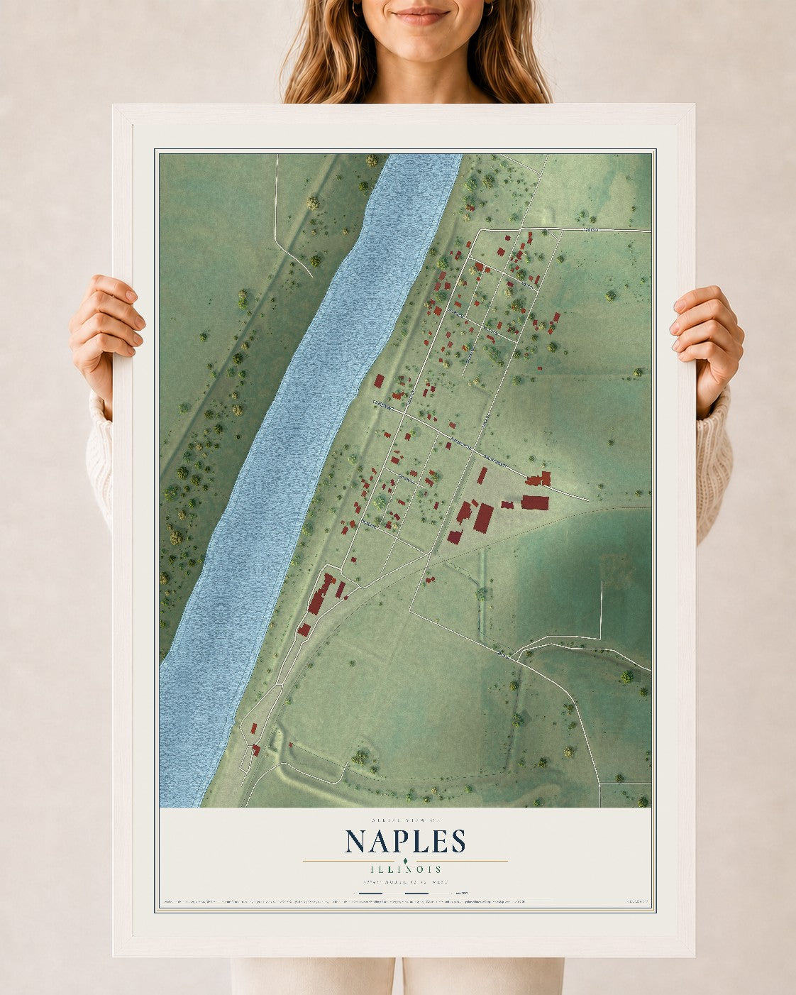 Map of Naples, Illinois, 24 x 36 inch print in a white wood frame