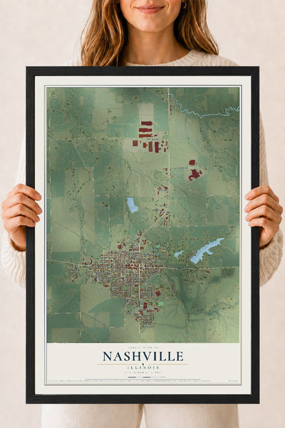 Map of Nashville, Illinois, 18 x 24 inch print in a black wood frame