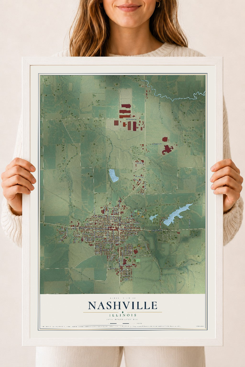 Map of Nashville, Illinois, 18 x 24 inch print in a white wood frame