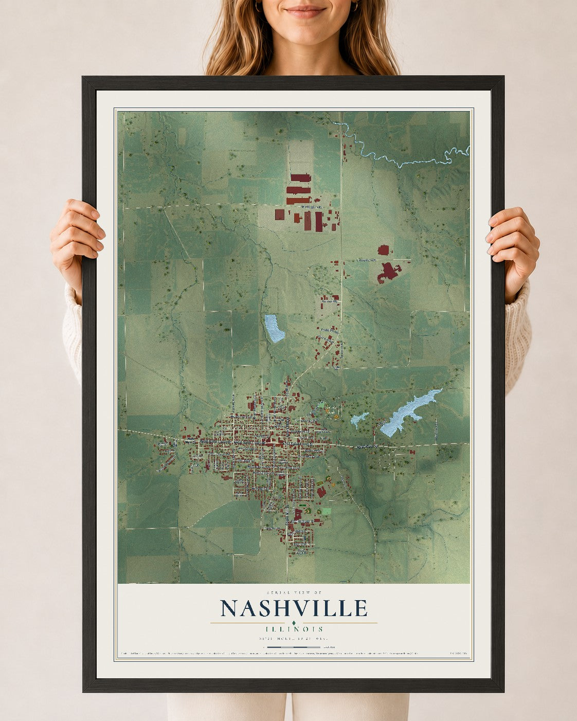 Map of Nashville, Illinois, 24 x 36 inch print in a black wood frame