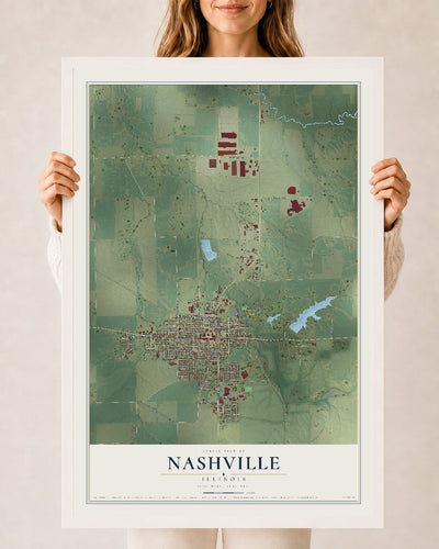 Map of Nashville, Illinois, 24 x 36 inch print in a white wood frame