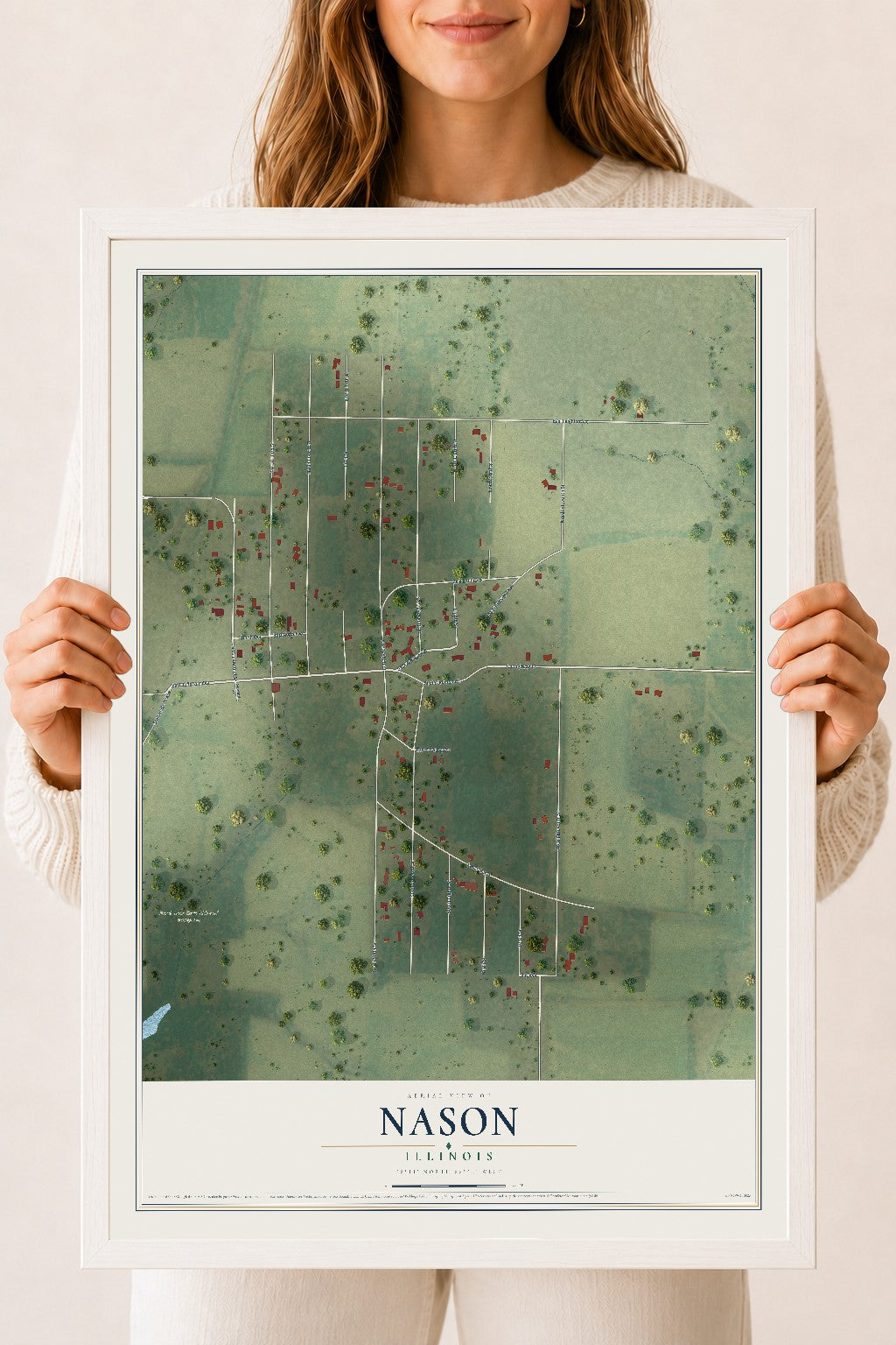 Map of Nason, Illinois, 18 x 24 inch print in a white wood frame